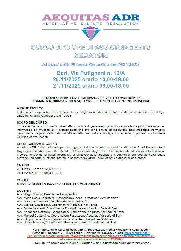 CORSO DI 10 ORE DI AGGIORNAMENTO PER MEDIATORI CIVILI E COMMERCIALI IN PRESENZA A BARI 26-27/11/2025