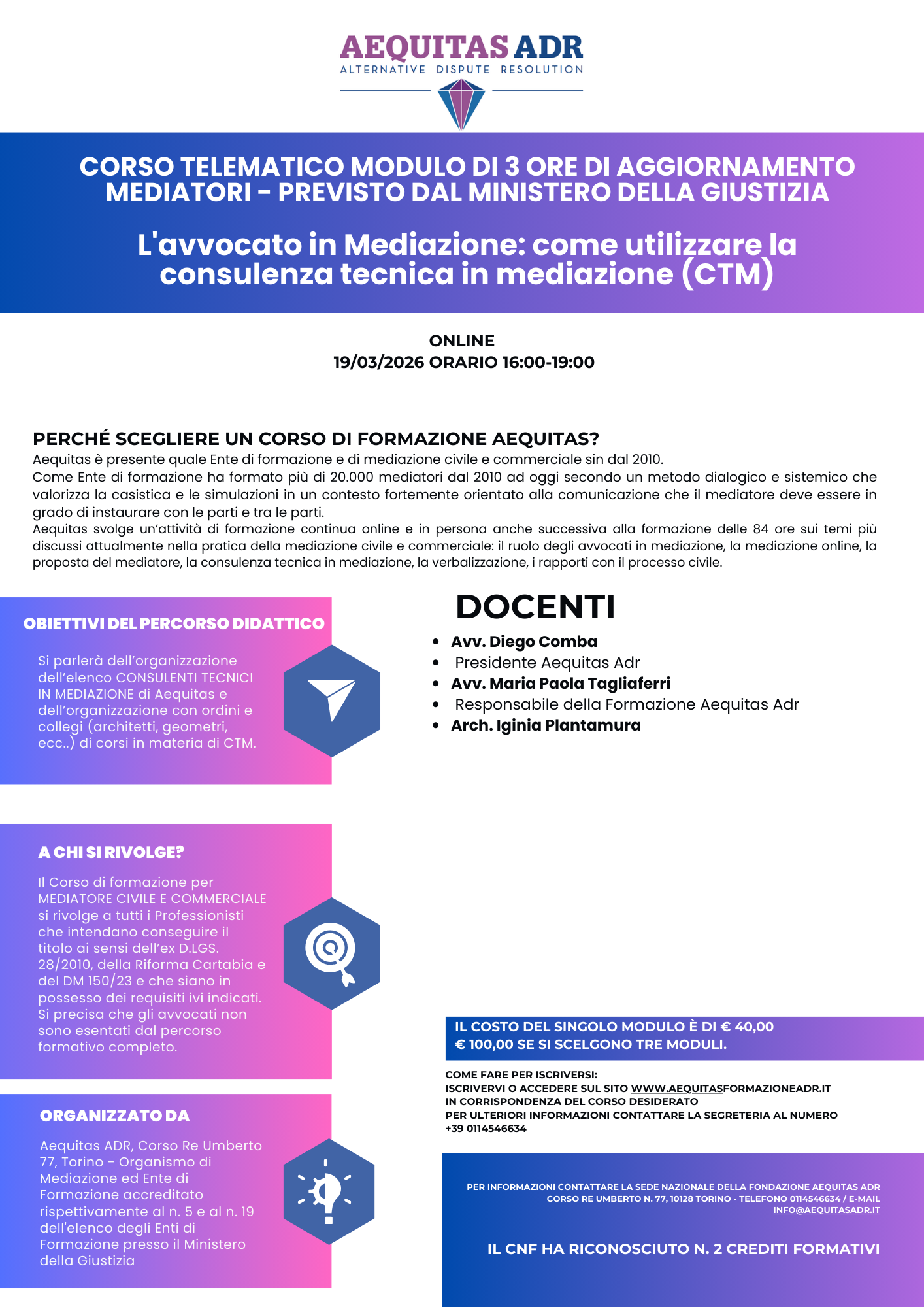 CORSO TELEMATICO MODULO DI 3 ORE DI AGGIORNAMENTO MEDIATORI - PREVISTO DAL MINISTERO DELLA GIUSTIZIA   - L