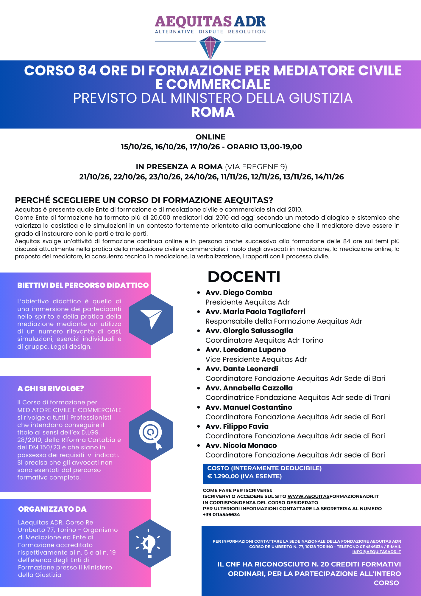 CORSO 84 ORE DI FORMAZIONE PER MEDIATORE CIVILE E COMMERCIALE IN PRESENZA E ONLINE (ROMA) - PREVISTO DAL MINISTERO DELLA GIUSTIZIA