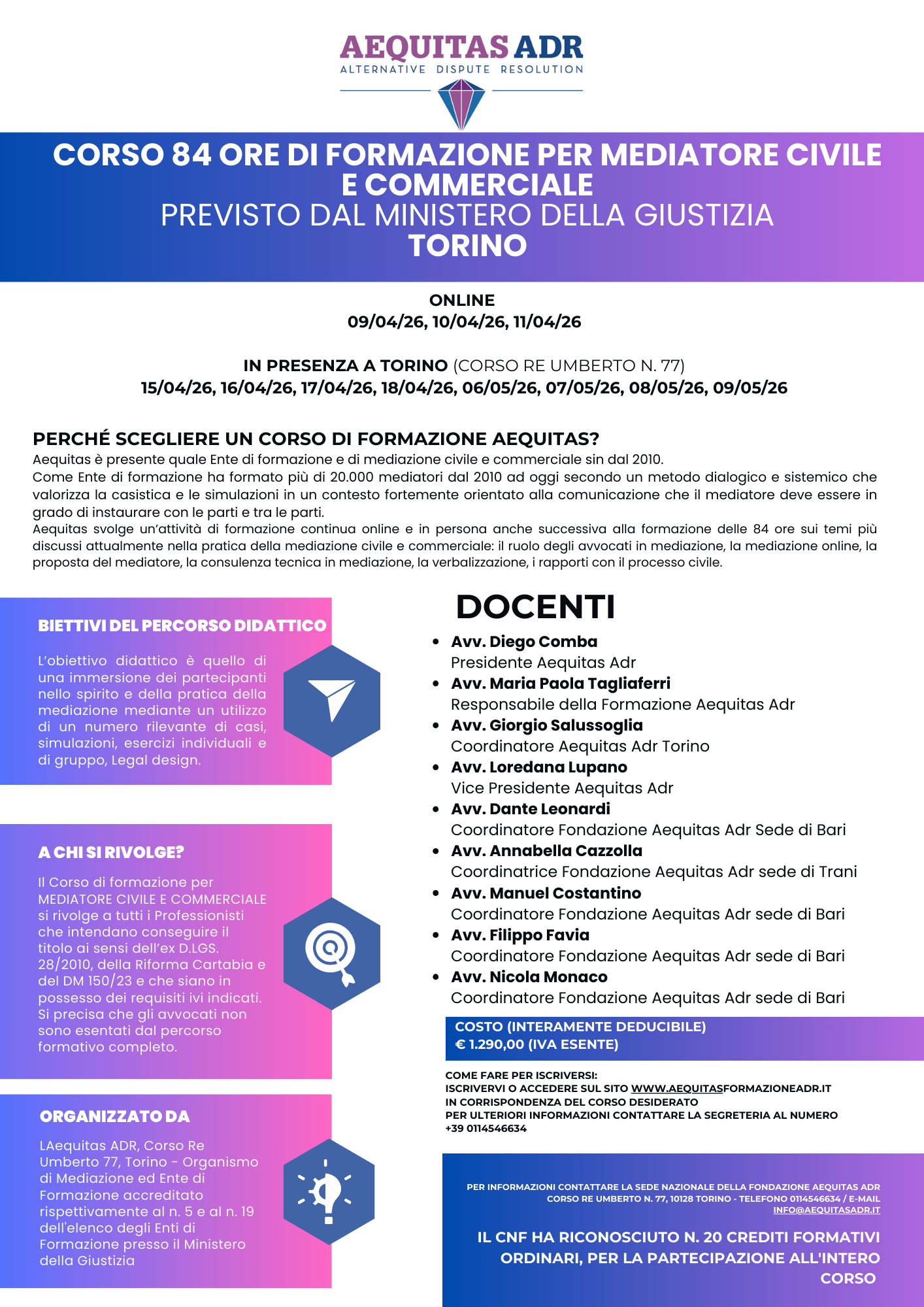 CORSO 84 ORE DI FORMAZIONE PER MEDIATORE CIVILE E COMMERCIALE IN PRESENZA E ONLINE (TORINO)- PREVISTO DAL MINISTERO DELLA GIUSTIZIA